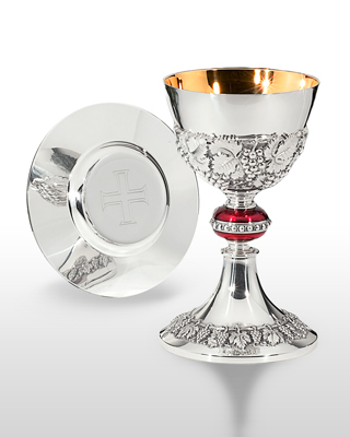 burgundy chalice and paten
